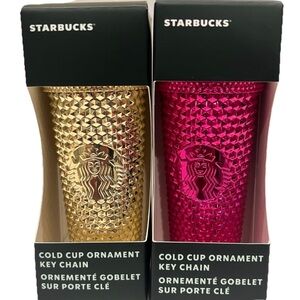 Starbucks Chrome Gold & Fuchsia Studded Mini Tumbler Cold Cup Key Chains NEW